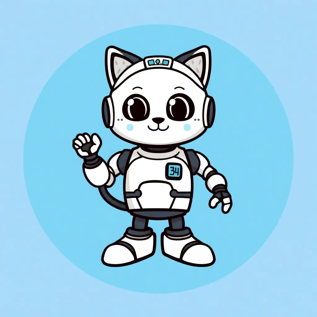 AI Stock Trading Robot 4.0 logo, cartoon robot cat in black and white on blue circle background